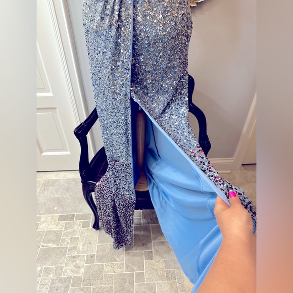 NWT Mac Duggal Gorgeous Blue Goddess Sexy Seqin To The Floor High Slit Gown - Picture 7 of 16